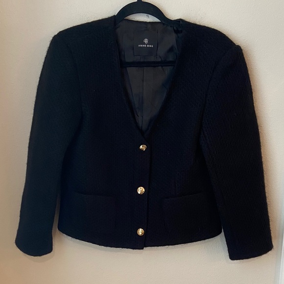 Anine Bing Anitta Woven Jacket Black Gold Button Bouclé Size M - Picture 3 of 13